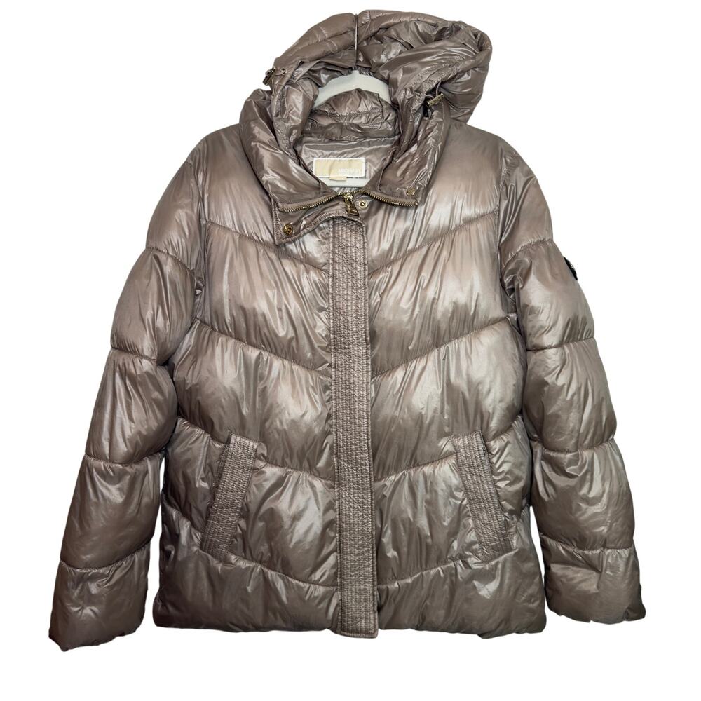 MICHAEL KORS Metallic Champagne Puffer Jacket Size L Hooded Ciré Quilted Coat